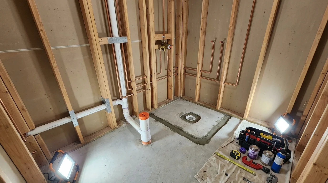 Bathroom rough-in plumbing during remodel by Johns Plumbing LLC in Nekoosa