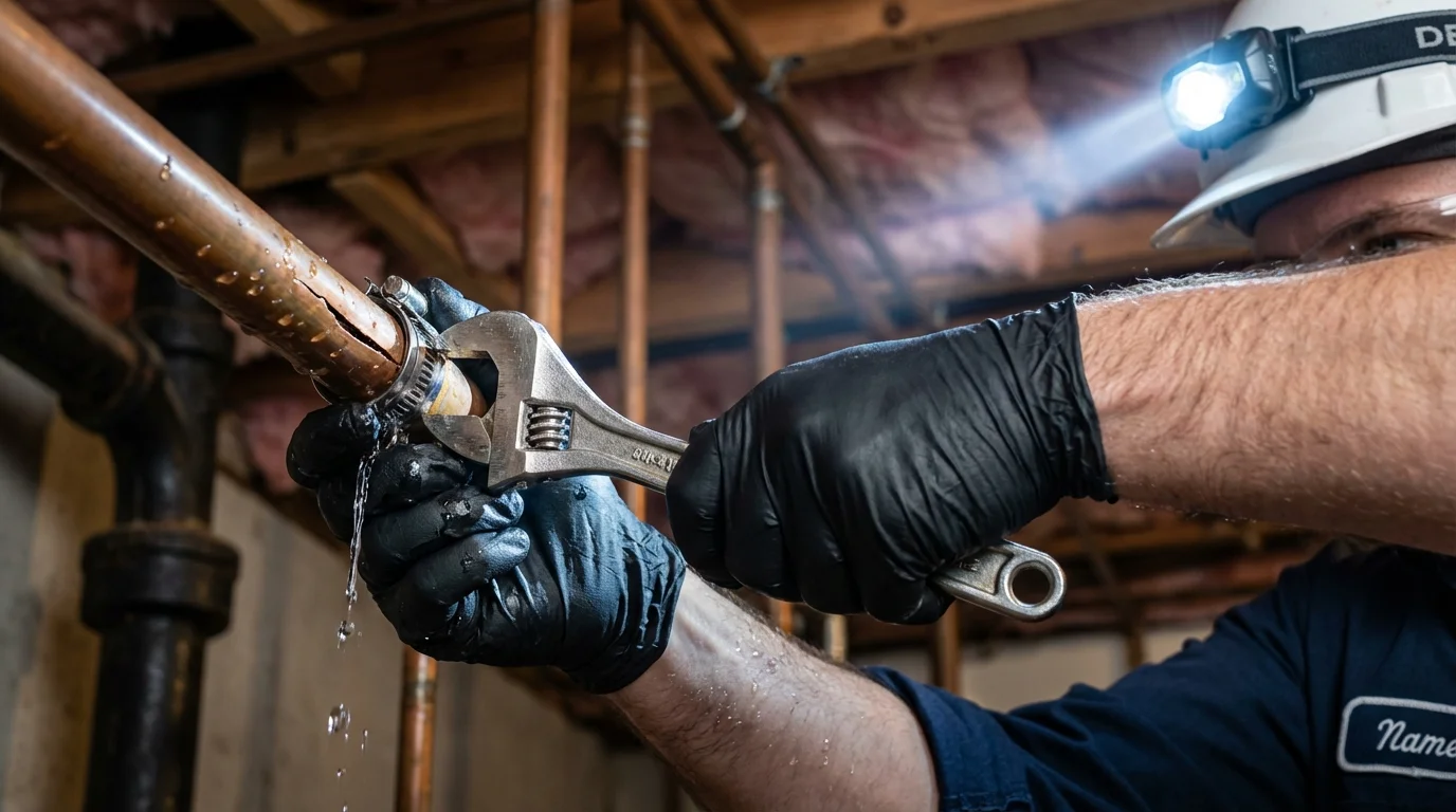 Emergency pipe clamp repair being performed by a Johns Plumbing LLC plumber in Nekoosa