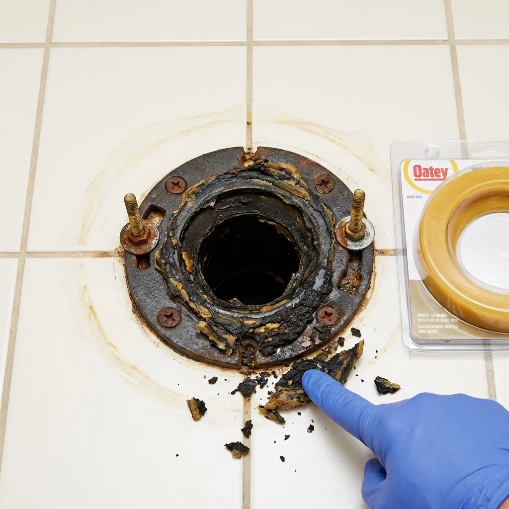 Failed wax ring showing water seepage at the base of a toilet in a Nekoosa, WI home