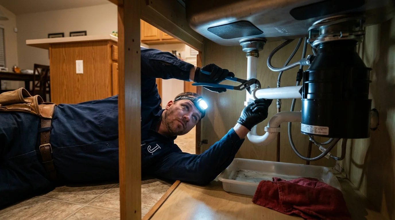P-trap and supply line connections under a kitchen sink showing a common leak point in Nekoosa, WI